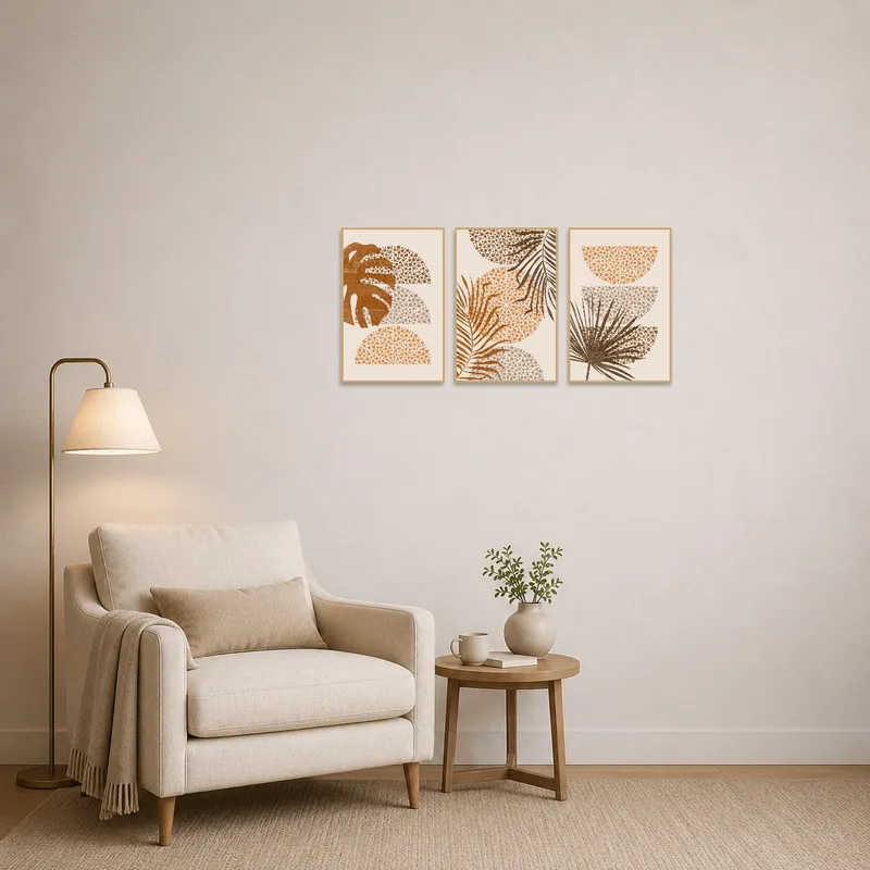 Reading corner highlights art set with abstract botanical dot designs.