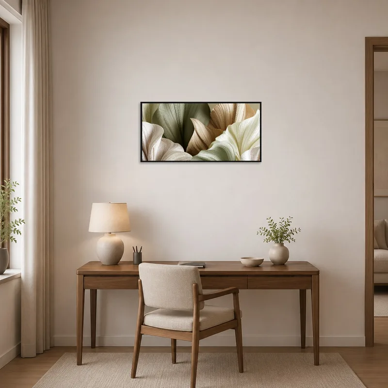 Earth tone botanical art inspiring creativity in a stylish home office.