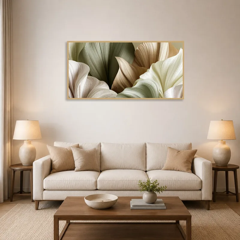 Abstract botanical art with earthy tones above a cozy living room sofa.