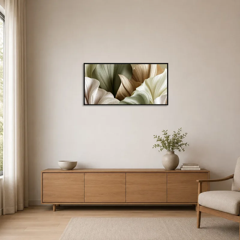 Minimalist room showcasing earthy abstract botanical art on a clean white wall.