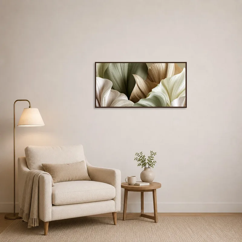 Earthy abstract botanical art adding elegance to a serene reading corner.
