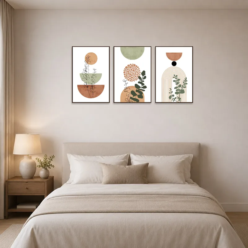 Bedroom featuring an abstract botanical geometric art set on the wall.