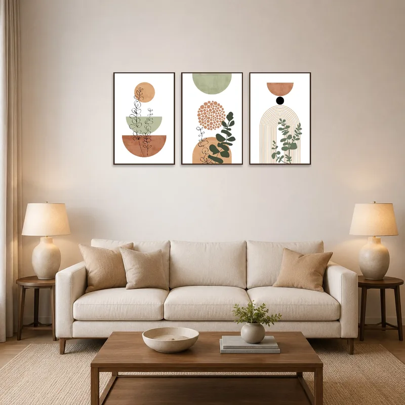 Abstract botanical geometric art set in a stylish living room scene.