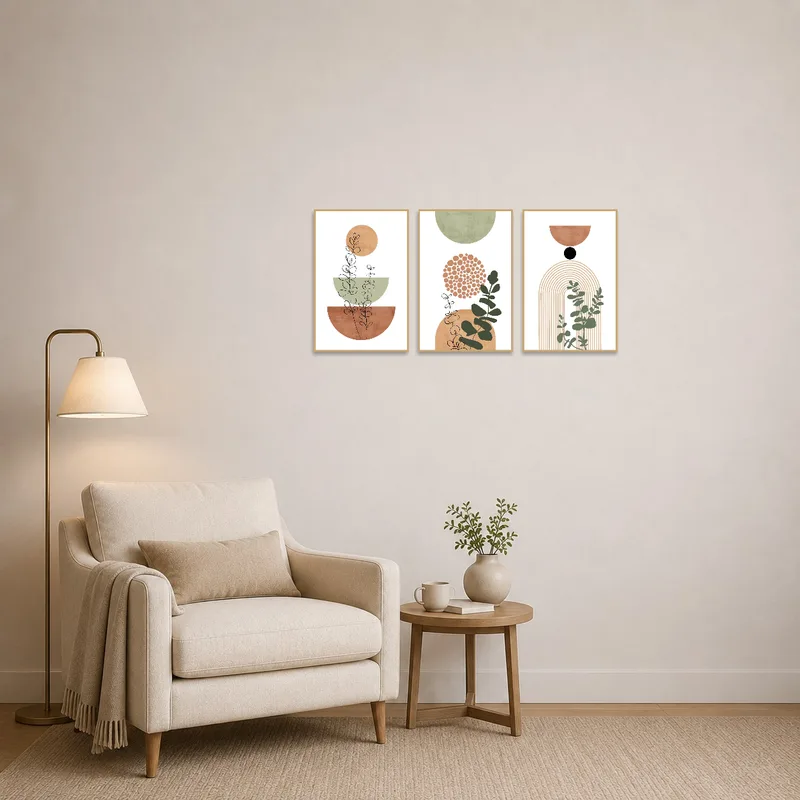 Reading corner enhanced by an abstract botanical geometric art set.