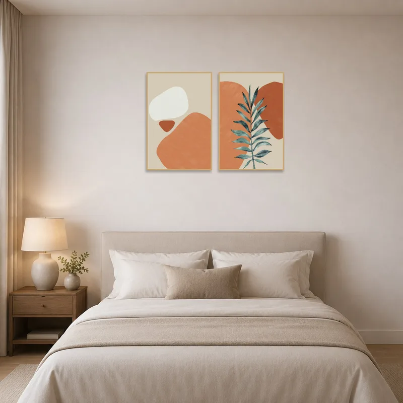 Bedroom featuring abstract botanical prints with soothing organic shapes above the bed.