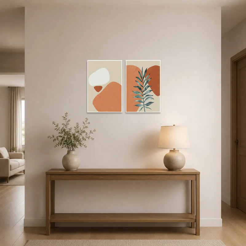 Entrance hall showcasing abstract botanical art with organic shapes, creating a warm welcome.