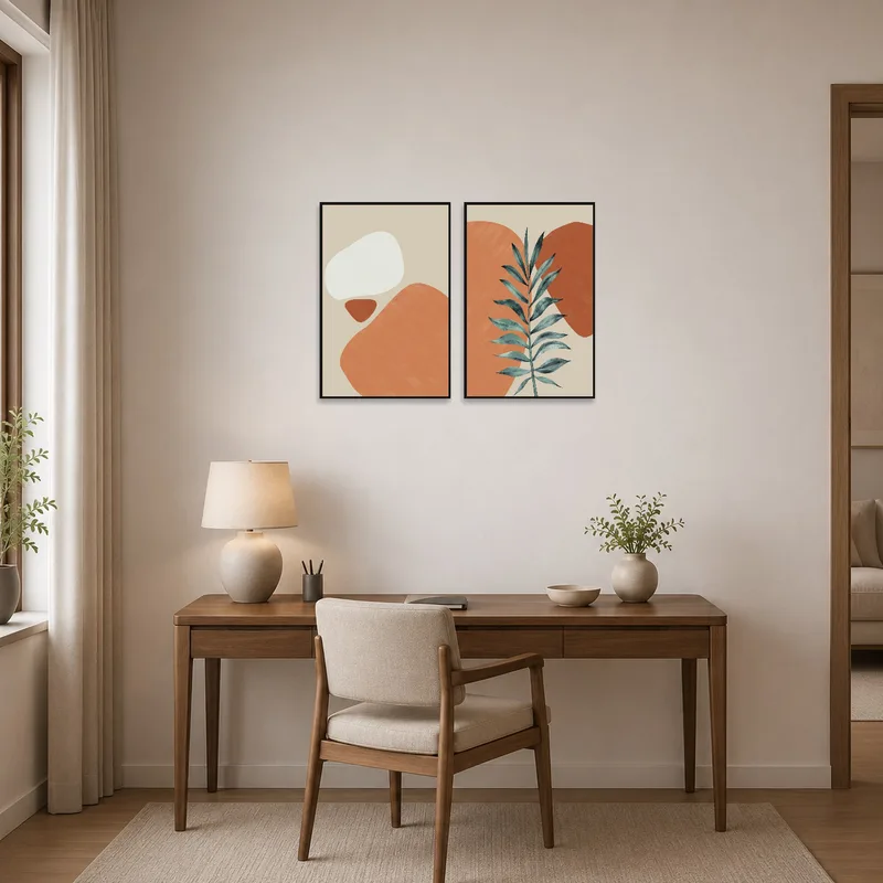 Home office with abstract botanical art adding inspiration to the workspace.