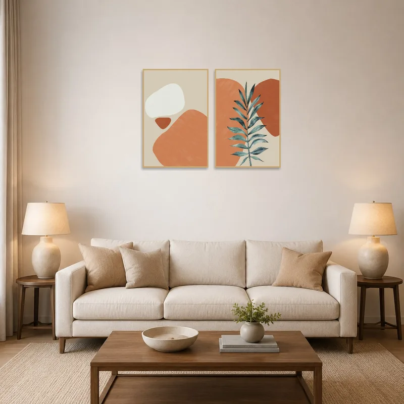 Abstract botanical artwork with organic shapes in a living room over a stylish sofa.