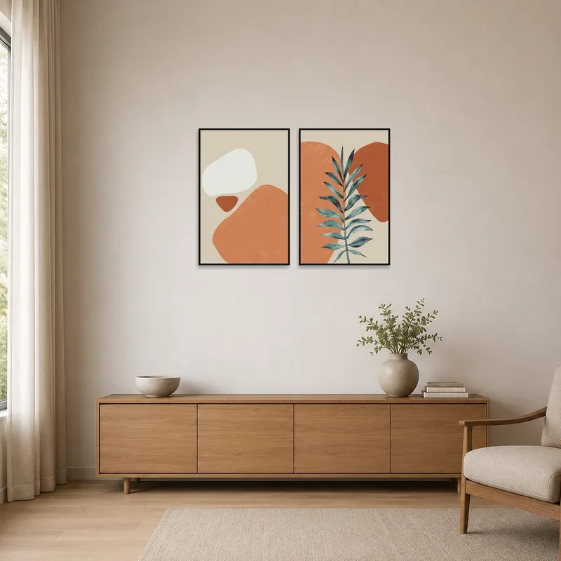 Minimalist room featuring abstract botanical designs against a simple, clean background.