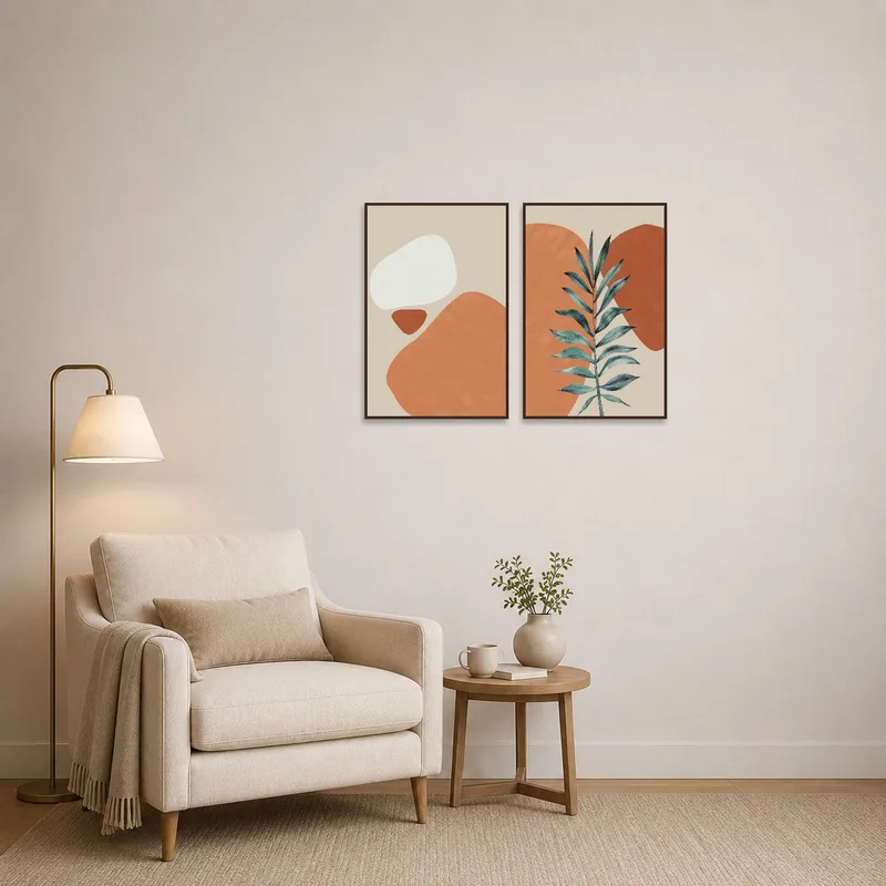 Reading corner with abstract botanical art, enhancing the cozy ambiance.