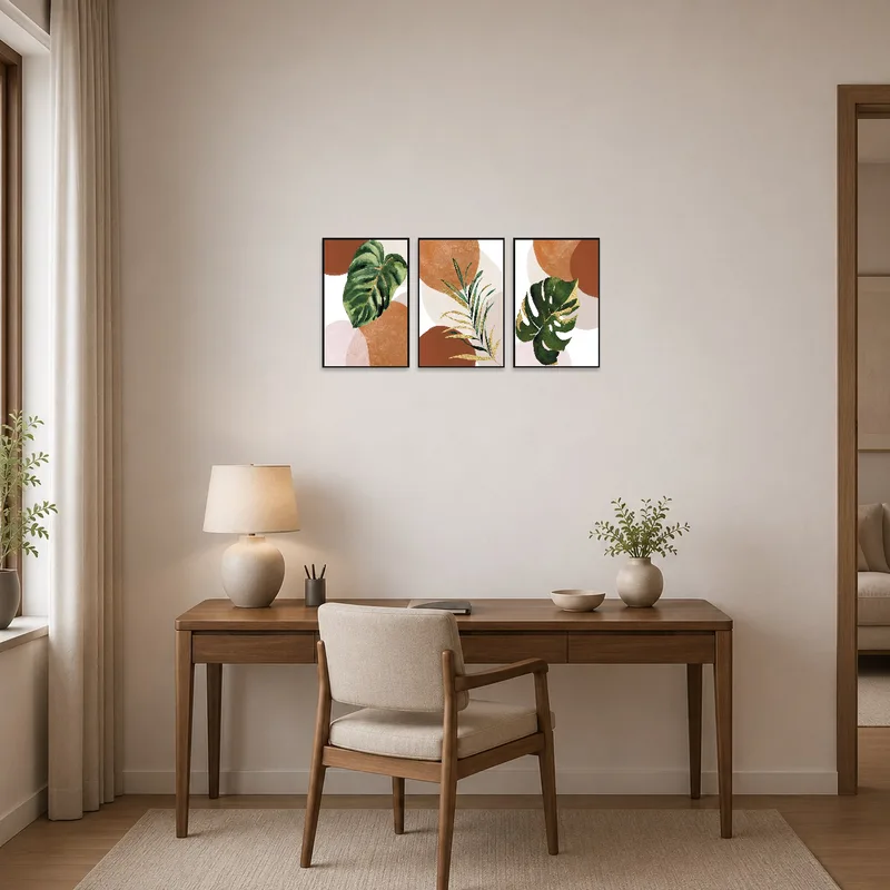 Earthy-tone abstract botanical triptych adds charm to a creative home office.