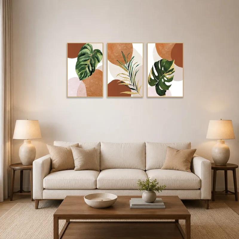 Abstract botanical triptych in earthy tones above a couch in a cozy living room.