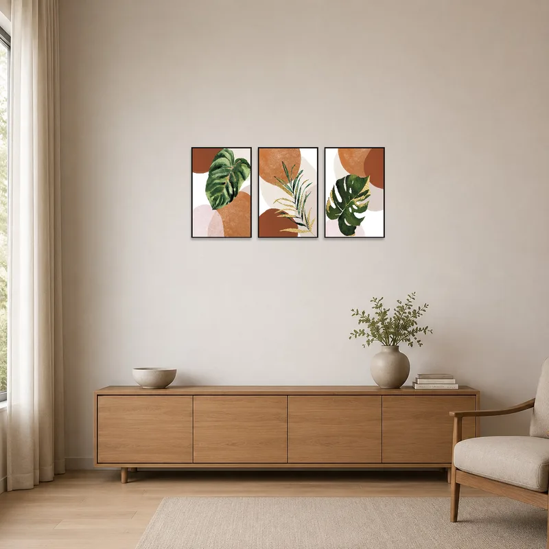 Earth-toned abstract botanical triptych enhances a minimalist room's elegance.