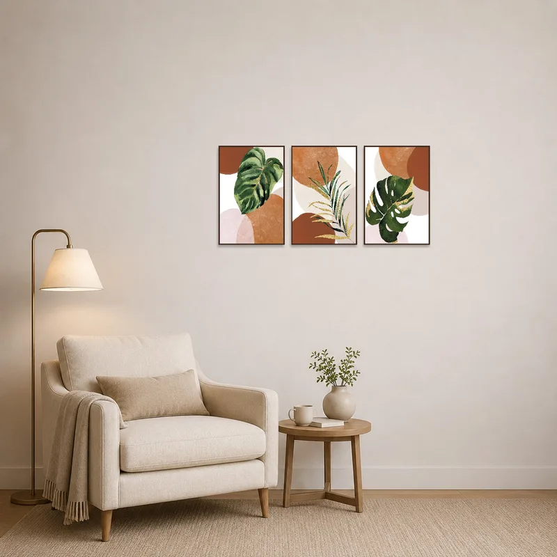 Abstract botanical triptych in earthy hues accentuates a serene reading corner.