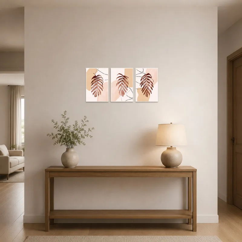 Entrance hall featuring an abstract botanical triptych with earthy tones adding warmth and style.
