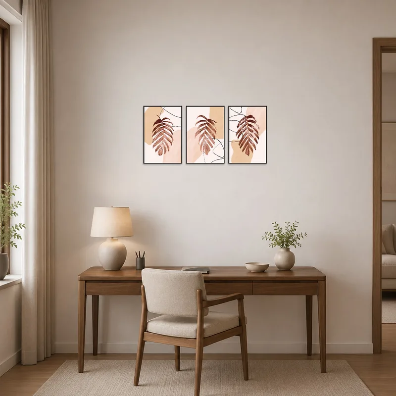 Home office wall displaying an abstract botanical triptych, adding warmth to the workspace.