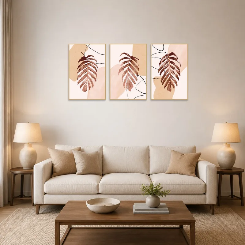 Abstract botanical triptych with earthy tones on a living room wall above a modern sofa.