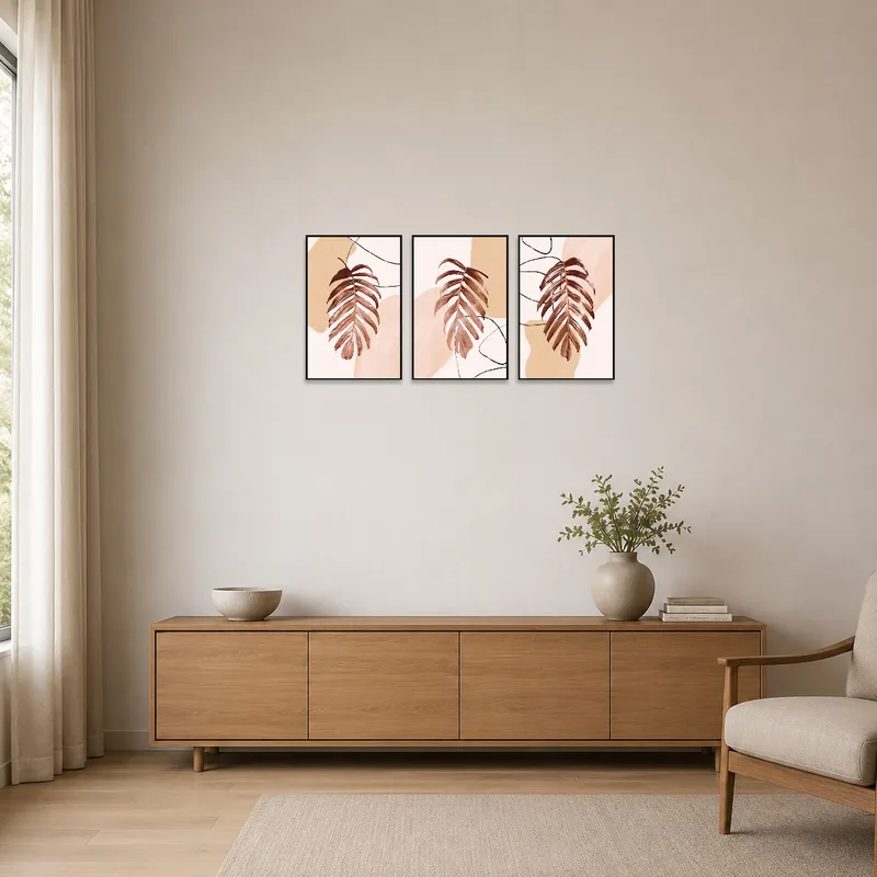 Earthy toned abstract botanical art enhancing a minimalist room with sleek lines and neutral colors.