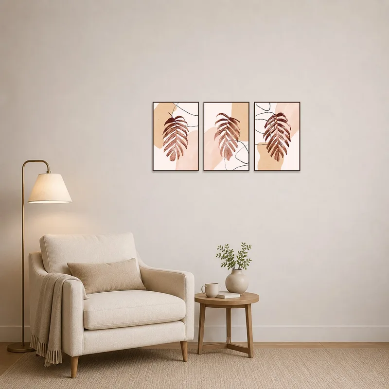 Earthy toned abstract botanical triptych adorning a reading corner, complementing cozy seating.