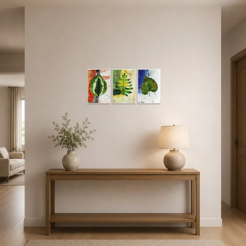 Leaf pattern artwork greets visitors in the entrance hall, adding an organic touch.