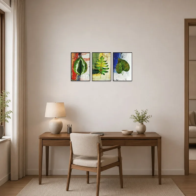 Leaf pattern triptych adds an artistic touch to the productive home office.