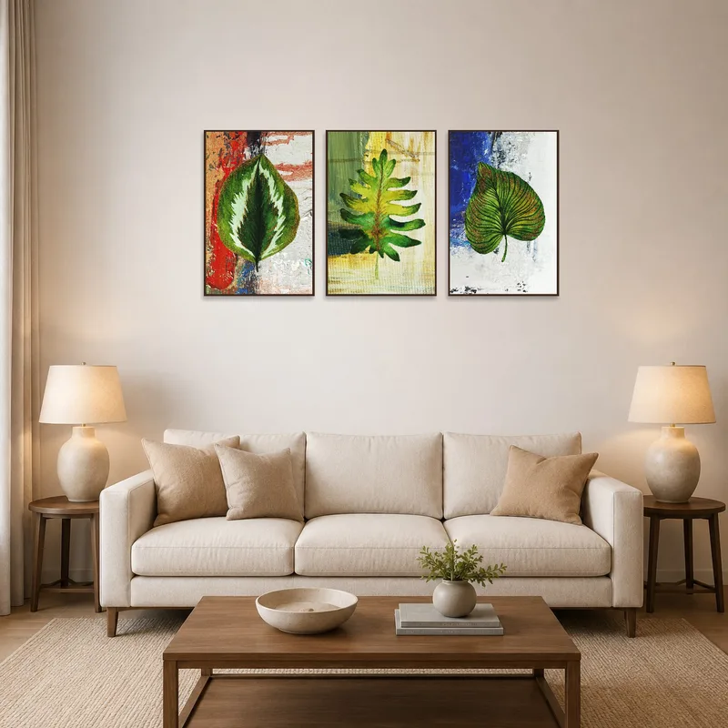 Triptych with botanical leaf patterns hangs above a modern sofa in the living room.