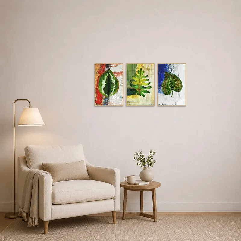 Botanical triptych enhances the cozy atmosphere of a reading corner.