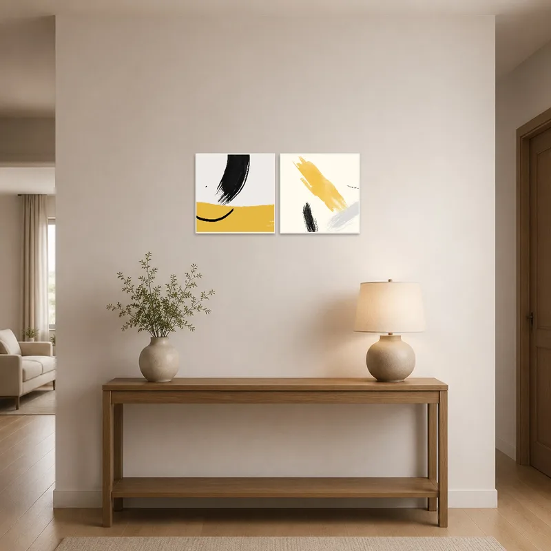 Abstract art in warm hues greets guests in the entrance hall.