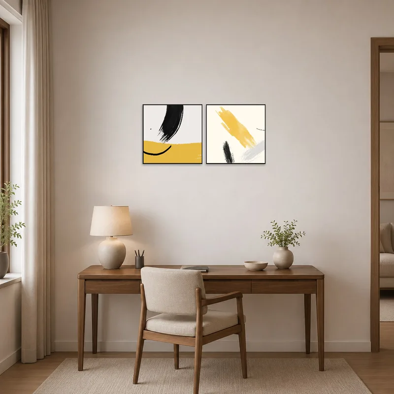 Abstract brushstroke art in warm tones inspires creativity in the home office.