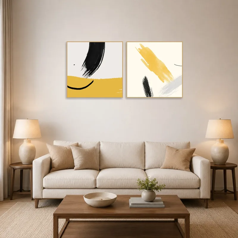 Abstract brushstroke art in warm tones adds a cozy touch to the living room wall.
