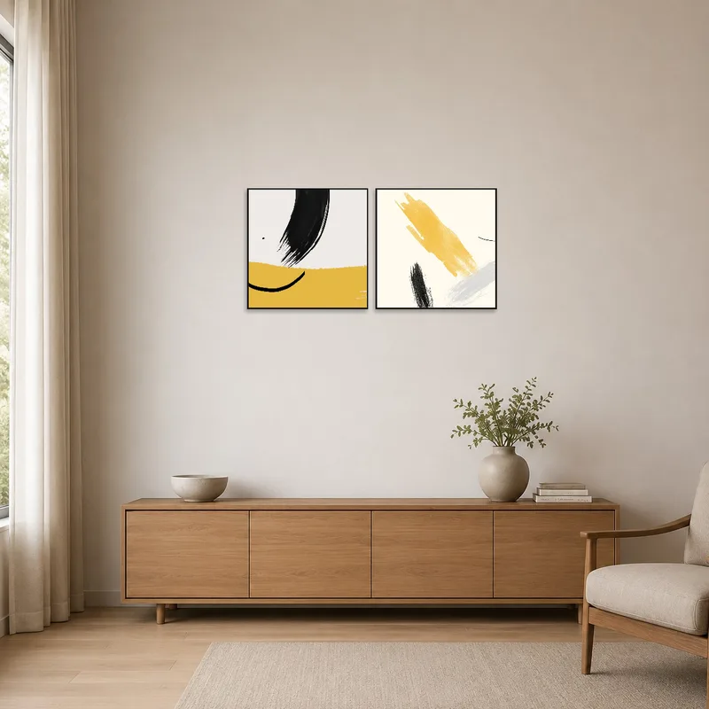 Warm-toned brushstroke art brings a subtle warmth to the minimalist space.