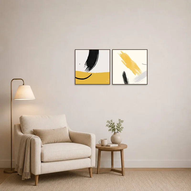 Warm brushstroke pieces enhance the reading corner's ambiance.