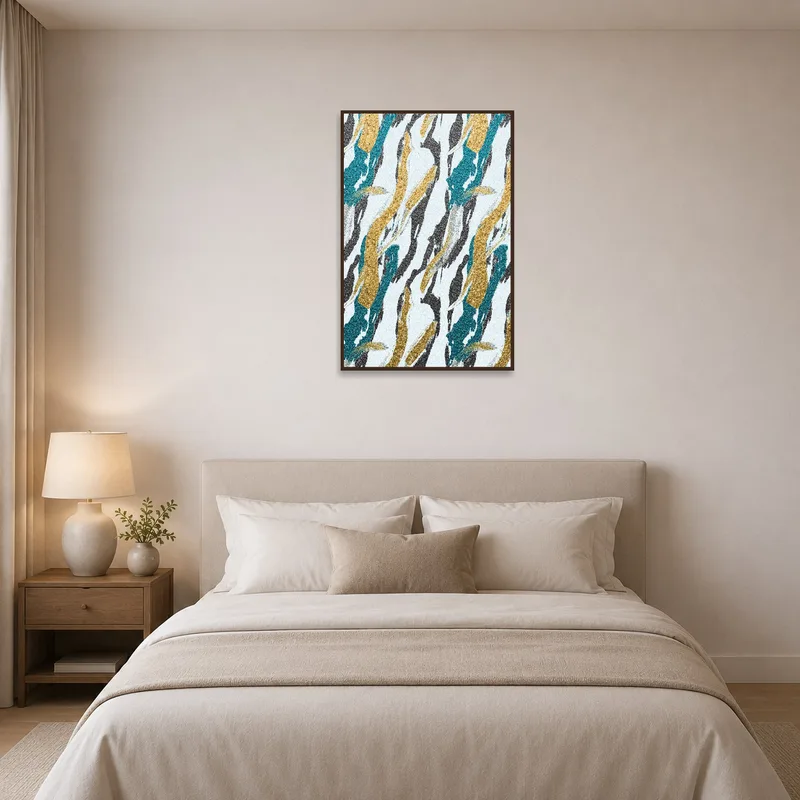 Serene bedroom enhanced by abstract brushstroke glitter design.