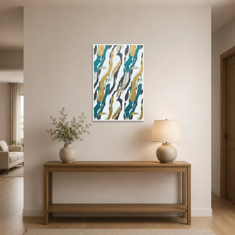 Elegant entrance hall featuring abstract brushstroke glitter design.