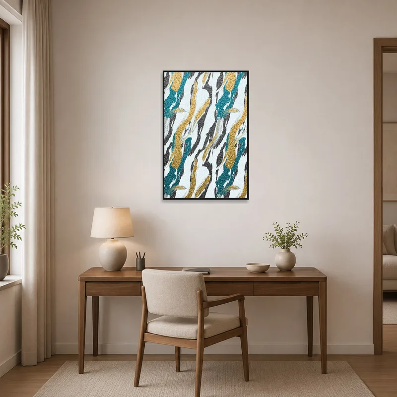 Stylish home office decorated with a bold abstract brushstroke design.