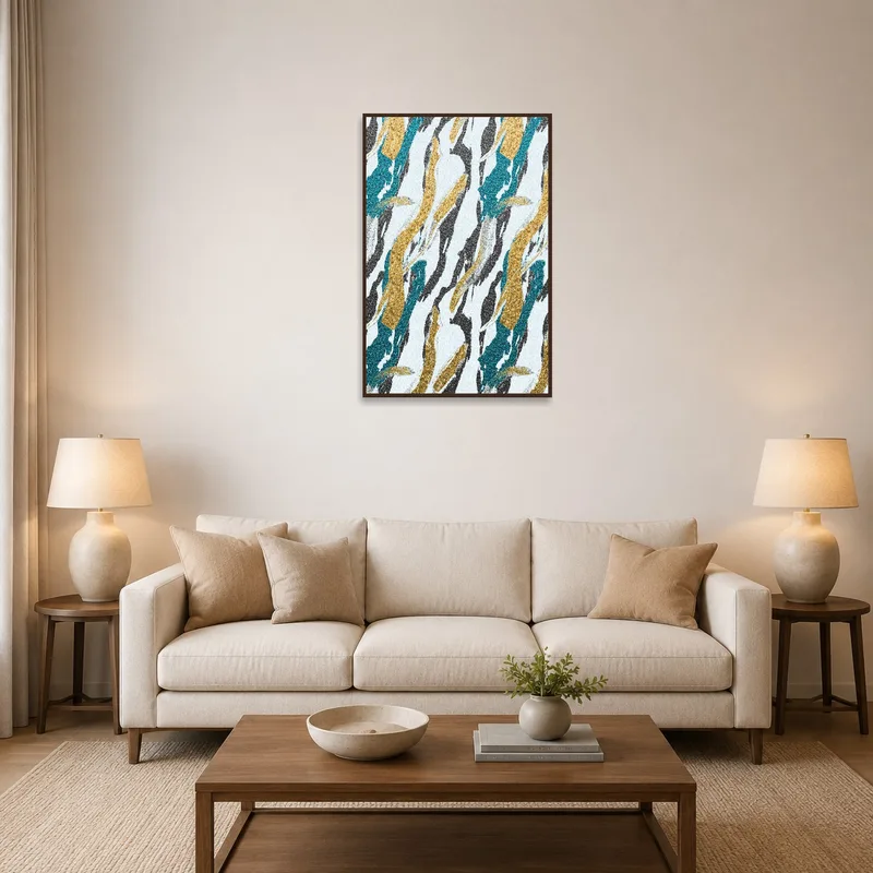 Abstract glitter brushstroke art hanging in a chic living room setting.