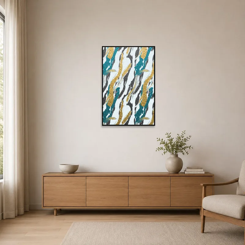 Sleek minimalist room showcasing glitter brushstroke abstract art.