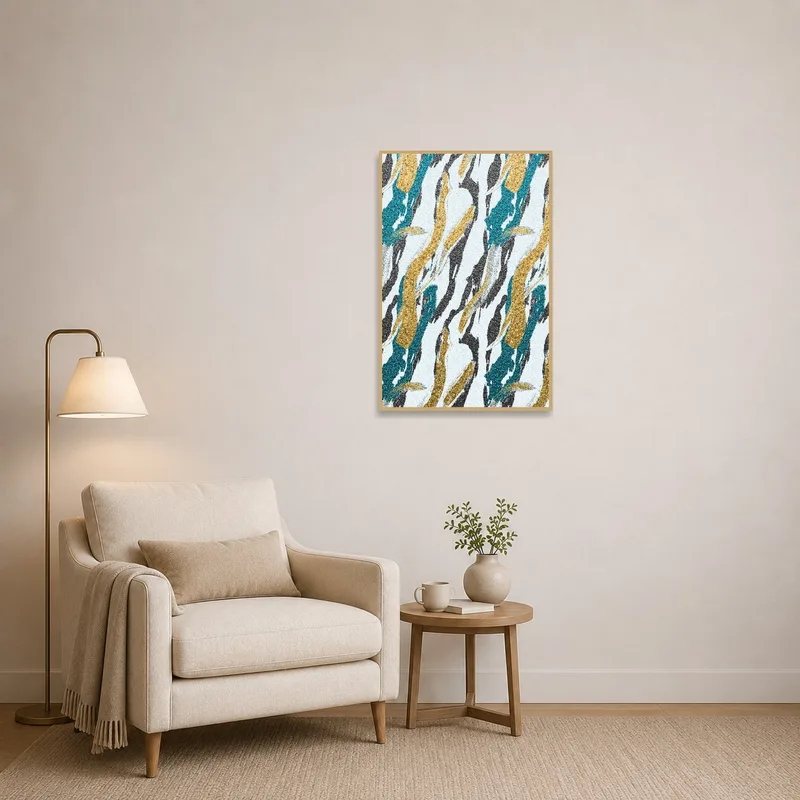 Cozy reading corner adorned with abstract glitter brushstroke artwork.