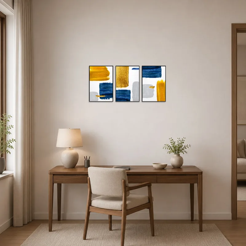In a home office, blue and gold brushstrokes inspire creativity and focus.