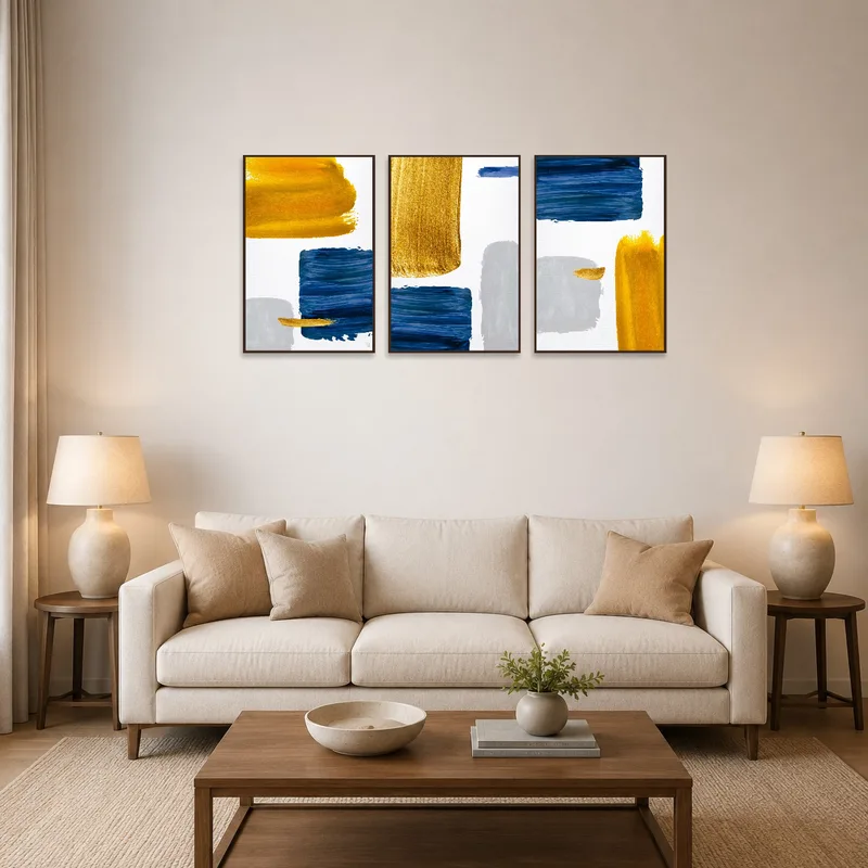 A vibrant abstract art piece with blue and gold brushstrokes in a cozy living room setting.