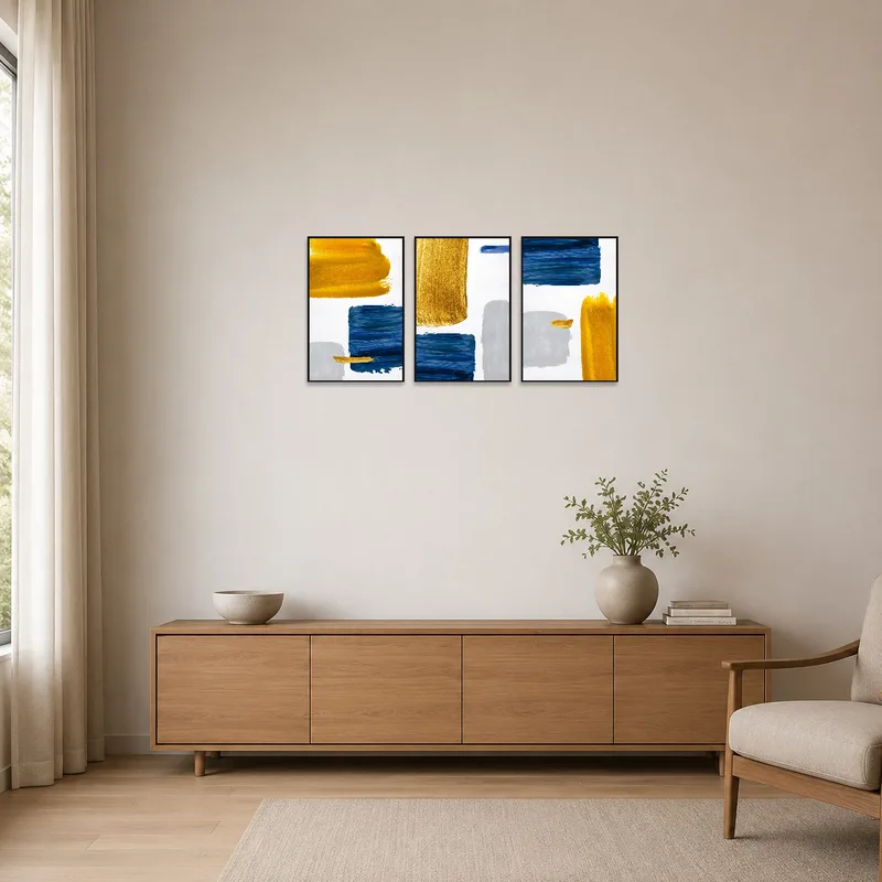 A striking combination of blue and gold brushstrokes in a minimalist room with simple furnishings.