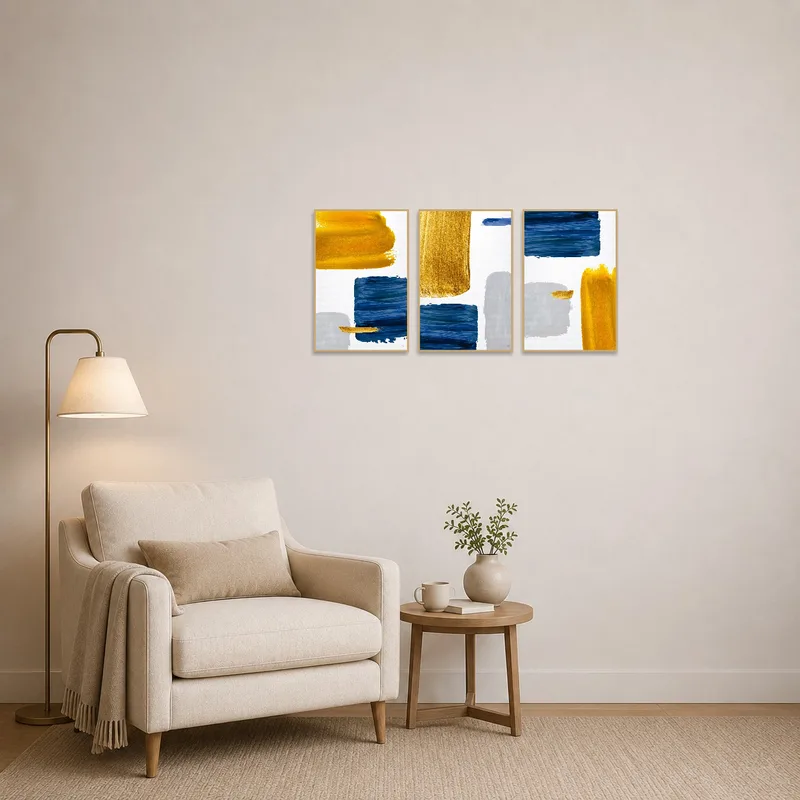Bold blue and gold brushstrokes provide a focal point in a tranquil reading corner.