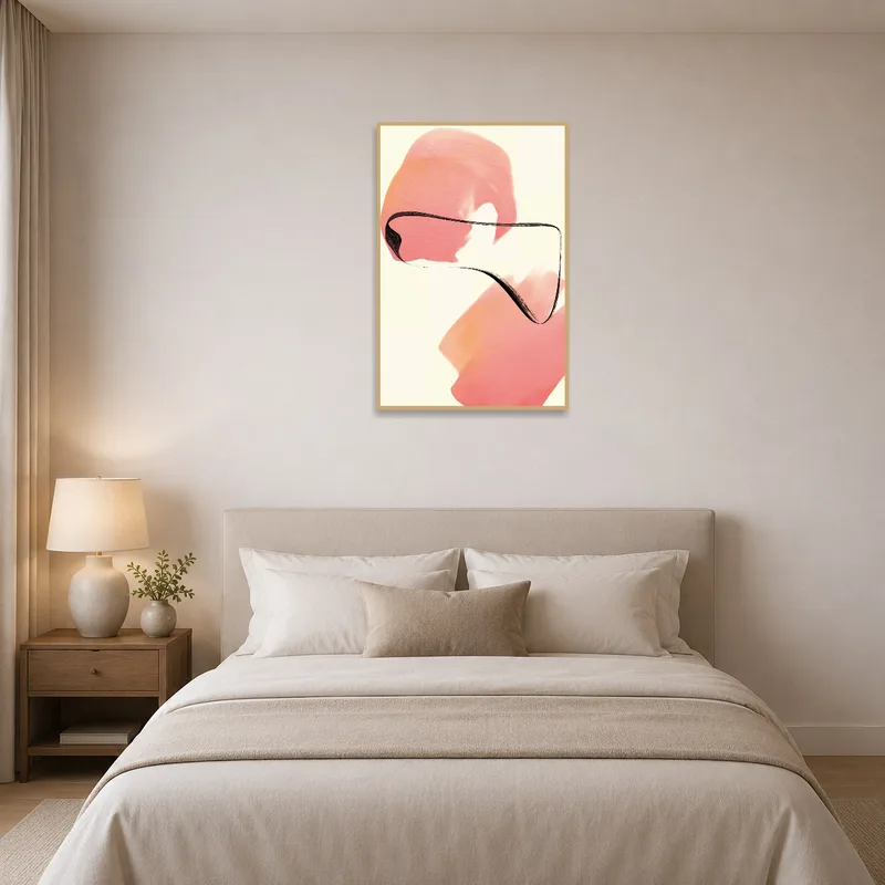 Bedroom accentuated by abstract art with warm-colored brushstrokes.