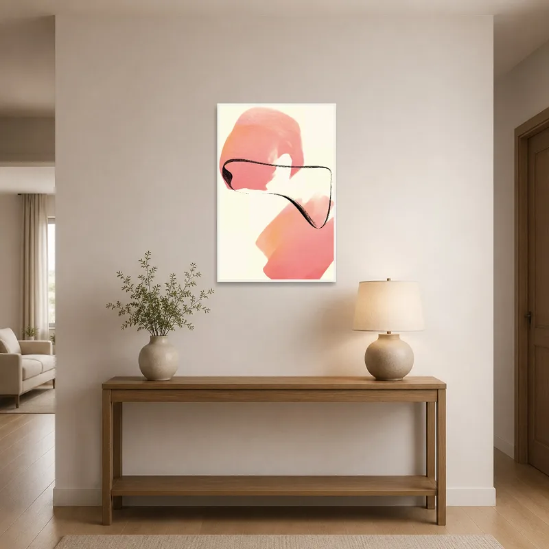 Entrance hall displaying abstract art with dynamic warm brushstrokes.