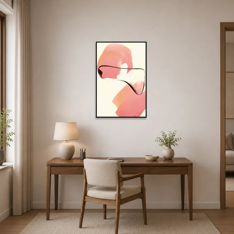 Home office wall featuring art with warm-toned abstract brushstrokes.