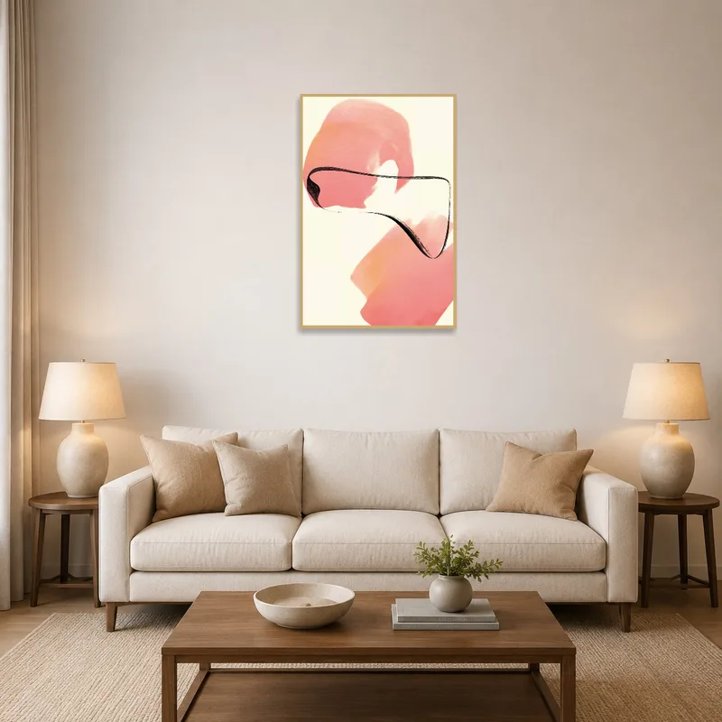 Abstract brushstrokes with warm hues adorn a cozy living room wall.