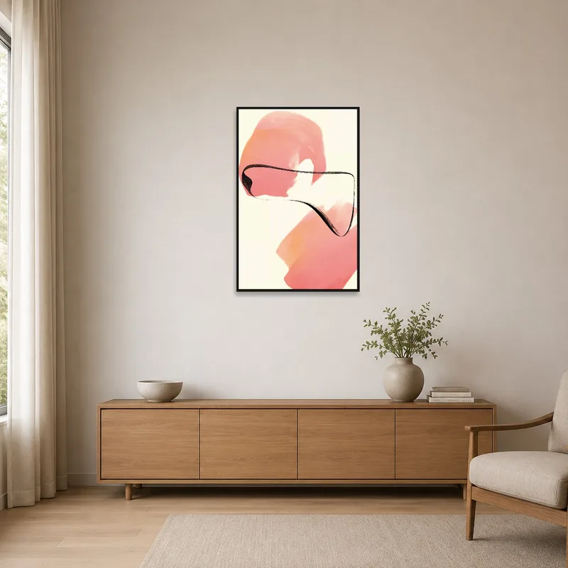 Minimalist space featuring abstract brushstrokes in warm colors.