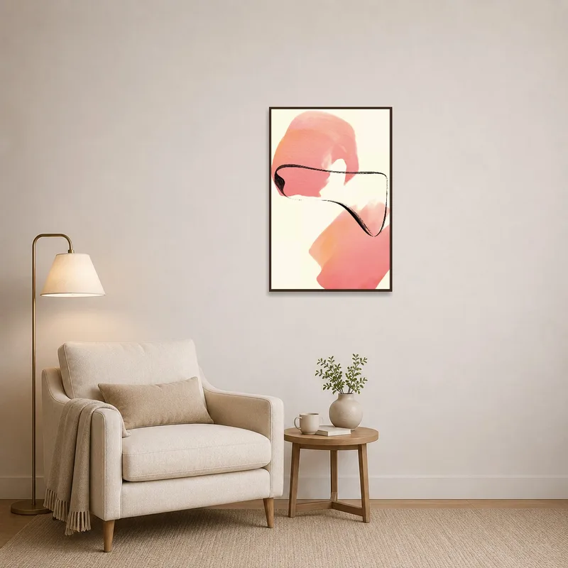 Reading corner enhanced by vibrant abstract art with warm tones.