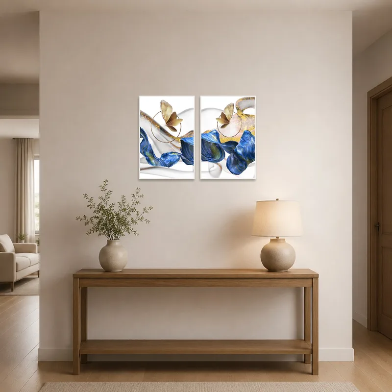 Entrance hall with abstract butterfly and waves art welcoming guests.