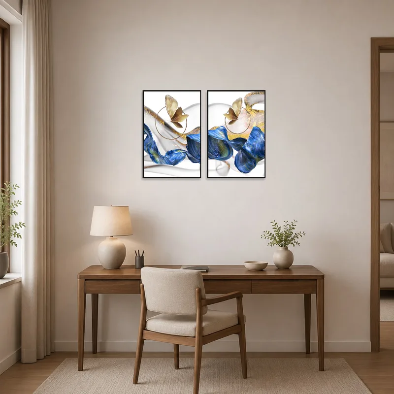 Home office enhanced by butterfly and waves art on the wall near the desk.